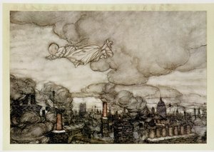 Peter Pan che vola su Londra, illustrazione da 